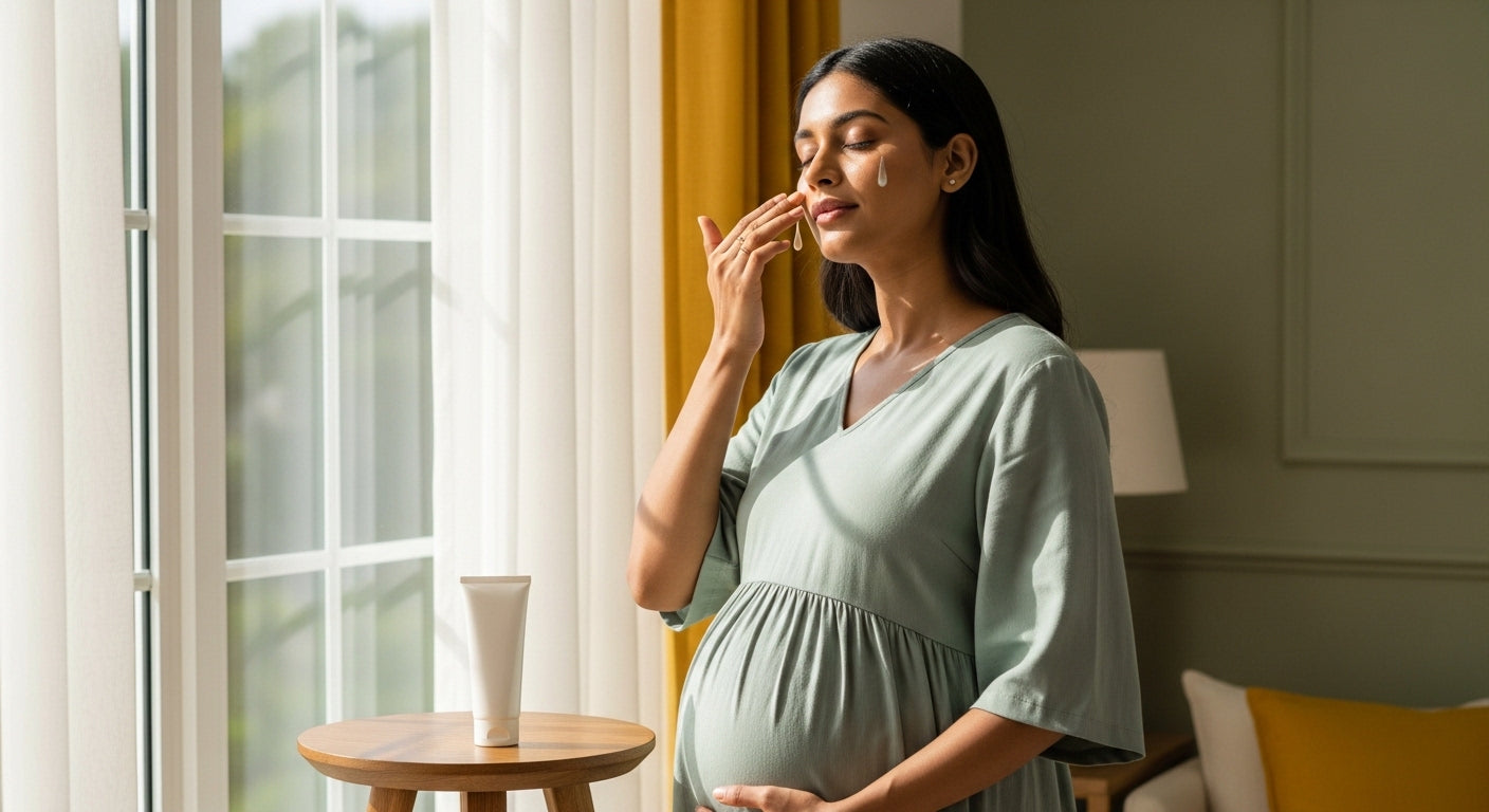 Which lightweight pregnancy-safe sunscreen offers anti-aging benefits without using heavy creams?