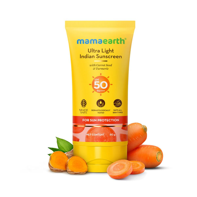 Mamaearth Ultra-Light Indian Sunscreen SPF 50 PA++++ – In-Vivo Tested (ISO 24444 & ISO 24442 Certified, CTRI/2025/07/090388) - 50 g