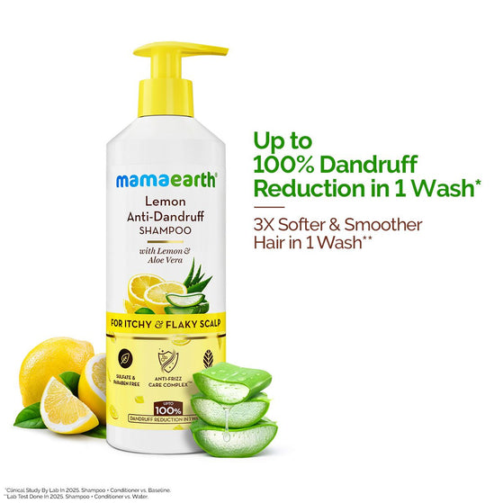 Mamaearth lemon anti dandruff shampoo bottle with lemon and aloe vera