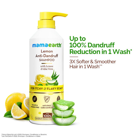 Mamaearth lemon anti dandruff shampoo bottle with lemon ginger and aloe vera