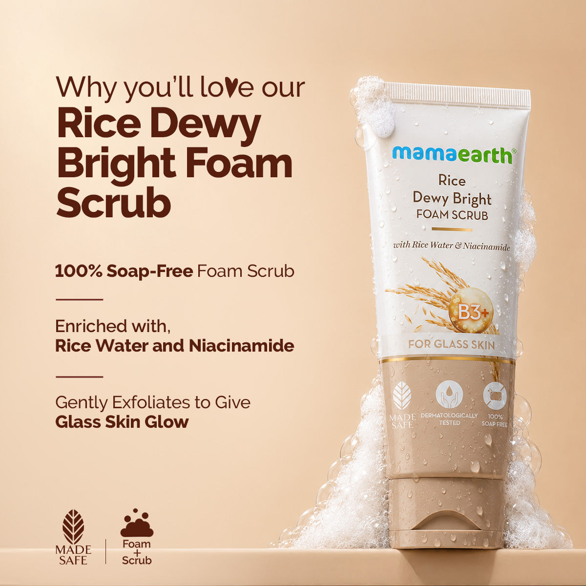 Mamaearth Rice Dewy Bright Foam Scrub with Rice Water & Niacinamide for Glass Skin Glow- 100 g