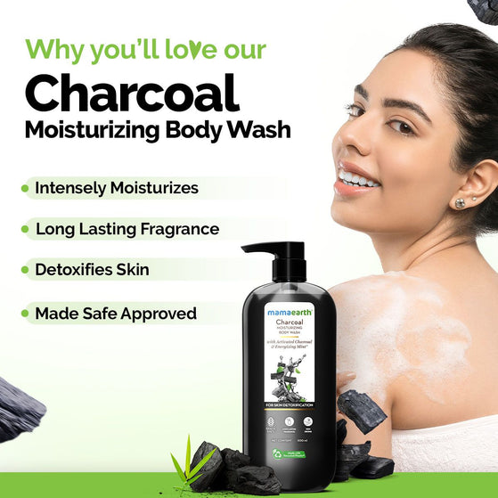 Charcoal Moisturizing Body Wash with Activated Charcoal & Energizing Mint for Skin Detoxification - 500 ml