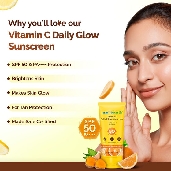 Vitamin C Daily Glow Sunscreen benefits with model SPF 50 PA++++