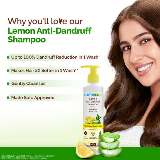 Mamaearth lemon shampoo for dandruff control and softer hair results
