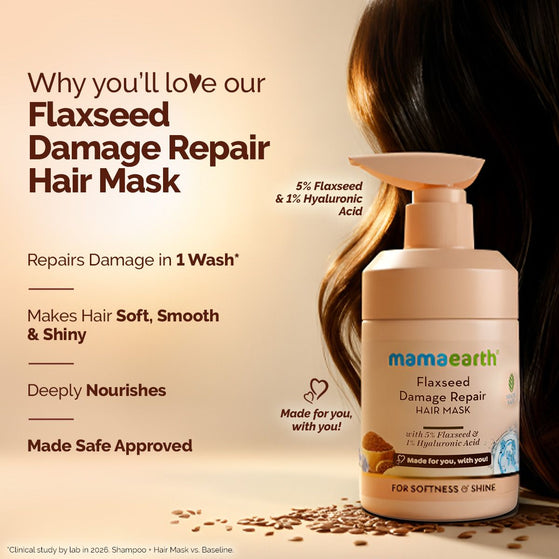 Flaxseed Damage Repair Hair Mask with 5% Flaxseed, 1% Hyaluronic Acid, Ceramides for Softness & Shine - 300 ml