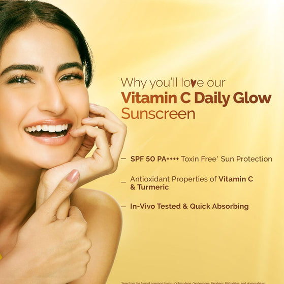 Vitamin C Daily Glow Sunscreen benefits with model