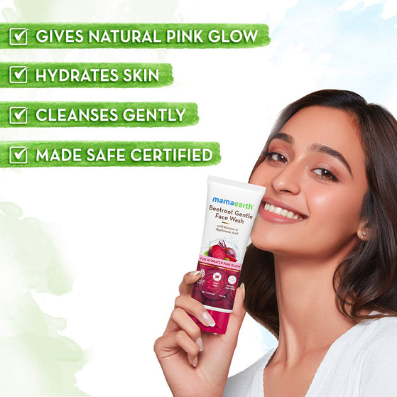 Beetroot face wash pink glow hydrates cleanses model
