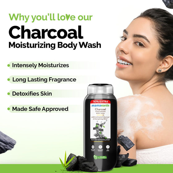 Charcoal Moisturizing Body Wash with Activated Charcoal & Energizing Mint for Skin Detoxification - 250 ml + 25 ml Extra