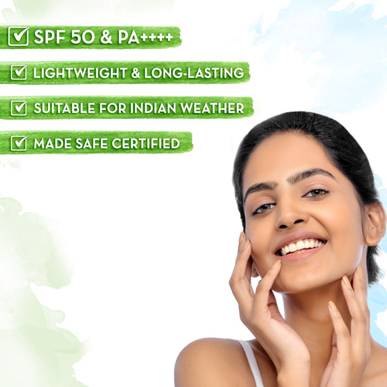 Ultra Light Indian Sunscreen SPF 50 PA++++ benefits with model