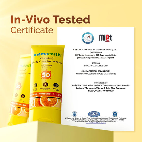 Mamaearth Vitamin C Daily Glow Sunscreen SPF 50 PA++++ – In-Vivo Tested (ISO 24444:2019 Certified, CTRI/2025/05/087276) - 50 g - Pack of 3