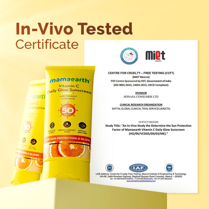 Mamaearth Vitamin C Daily Glow Sunscreen SPF 50 PA++++ – In-Vivo Tested (ISO 24444:2019 Certified, CTRI/2025/05/087276) - 50 g - Pack of 2
