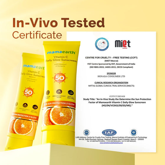 Vitamin C Daily Glow Sunscreen In-Vivo tested certificate