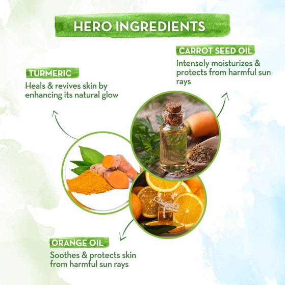 Hero ingredients Carrot Seed Oil Turmeric Orange Oil Indian Sunscreen