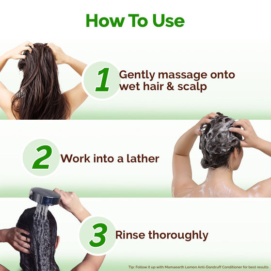 Mamaearth lemon shampoo usage steps for dandruff free scalp
