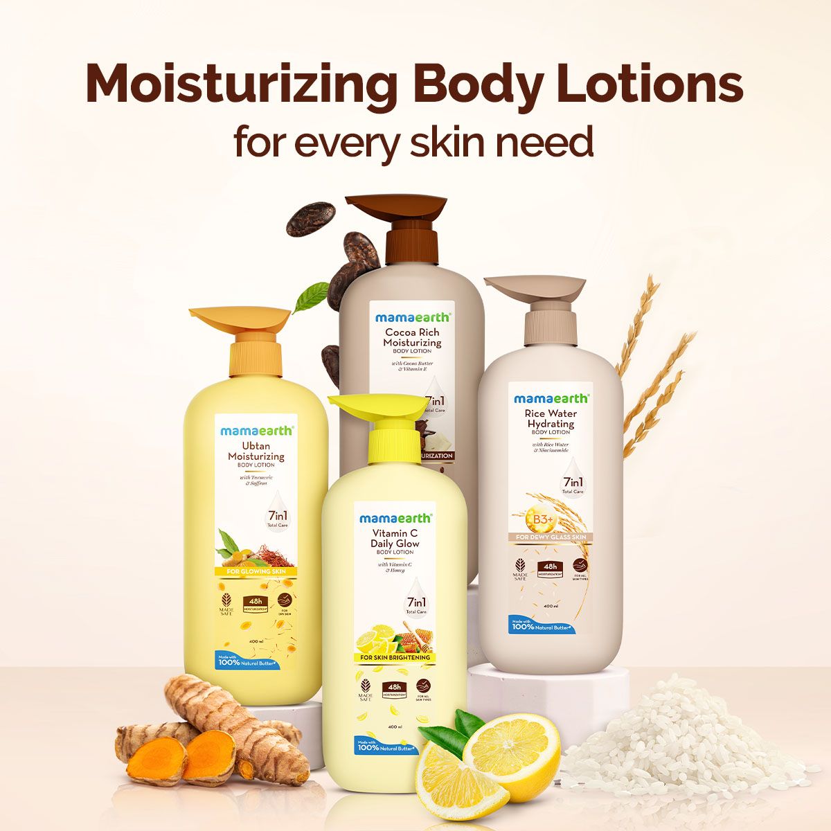 Mamaearth Rice Water Hydrating Body Lotion with Rice Water & Niacinamide for Dewy Glass Skin - 400 ml (Pack of 2)
