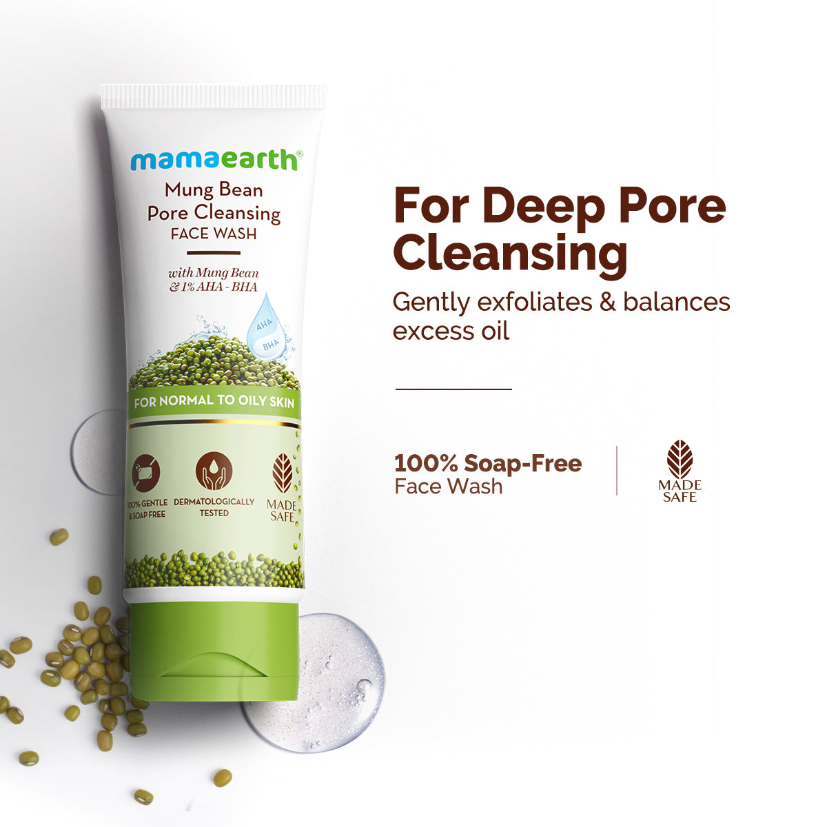 Mung Bean Pore Cleansing Face Wash with Mung Bean, AHA & BHA for Normal to Oily Skin - 100 ml
