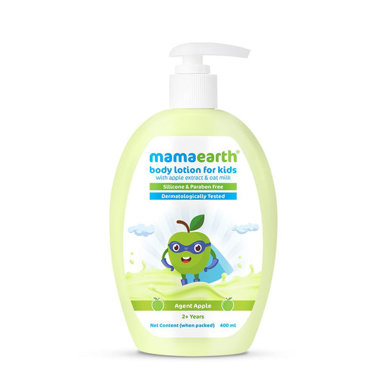 Mamaearth Agent Apple Kids Body Lotion 400ml bottle side view