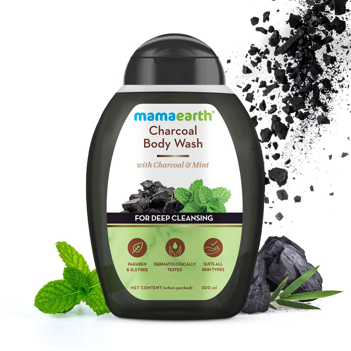 Charcoal Body Wash With Mint for Deep Cleansing | Mamaearth - 300 ml