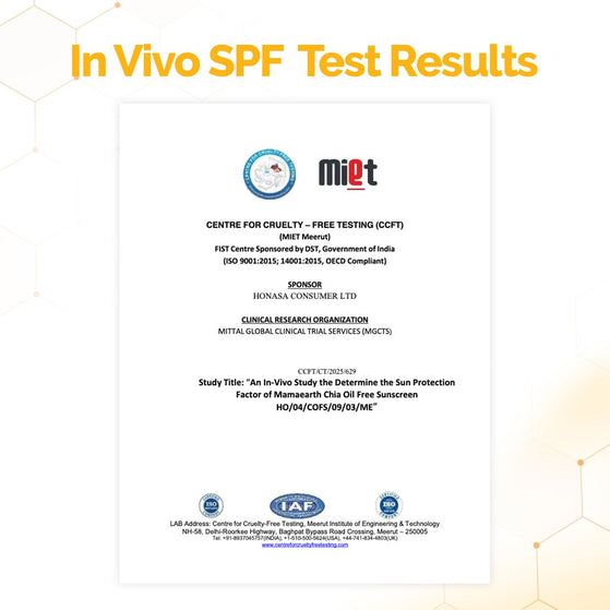 Chia Oil-Free Sunscreen In-Vivo SPF test results certified