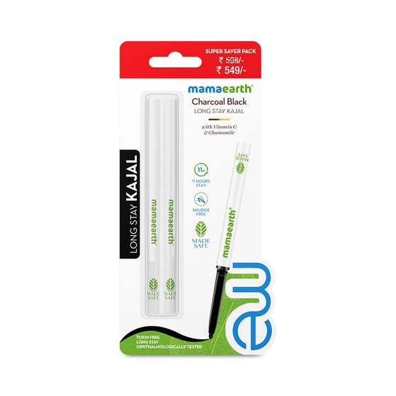 Pack of 2 Charcoal Black Long Stay Kajal with Vitamin C & Chamomile for 11-Hour Smudge-free Stay