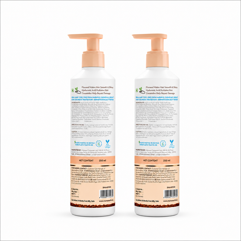 Flaxseed Damage Repair Shampoo with 2% Flaxseed & 1% Hyaluronic Acid for Volume & Shine -250 ml (Pack of 2)