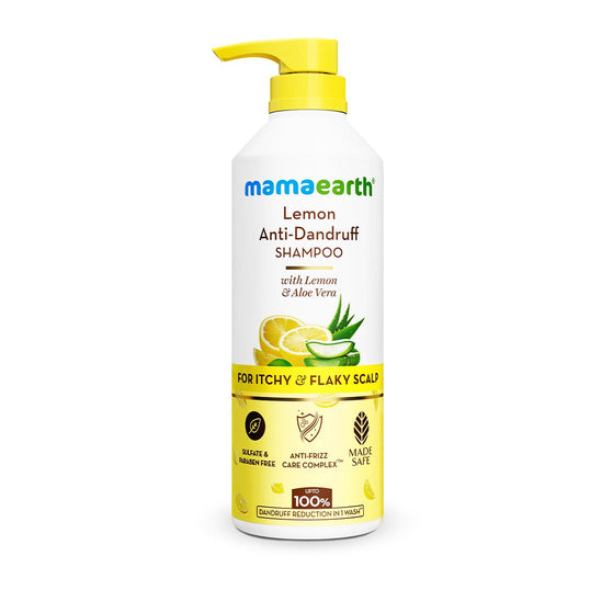 Mamaearth lemon ginger anti dandruff shampoo front bottle packaging