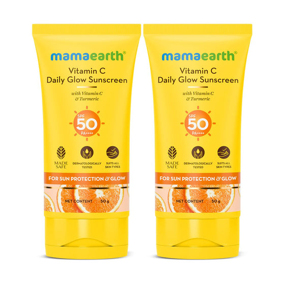 Mamaearth Vitamin C Daily Glow Sunscreen SPF 50 PA++++ – In-Vivo Tested (ISO 24444:2019 Certified, CTRI/2025/05/087276) - 50 g - Pack of 2