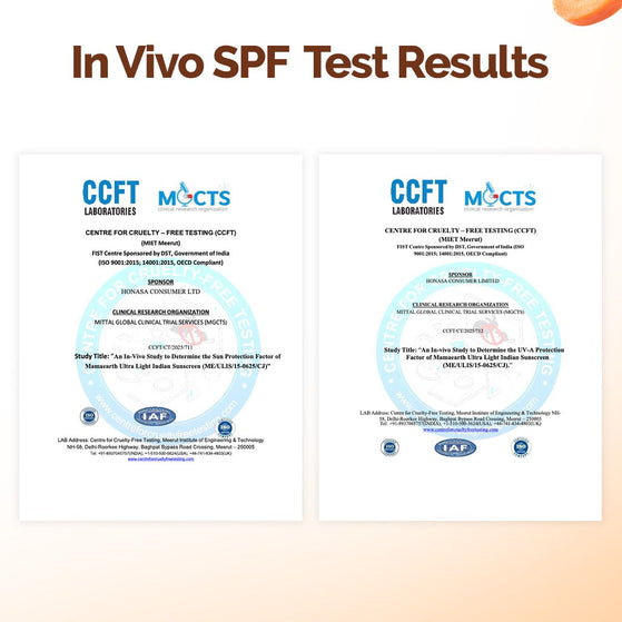 How to use Ultra Light Indian Sunscreen SPF 50 steps"
"Ultra Light Indian Sunscreen In-Vivo SPF test results CCFT certified
