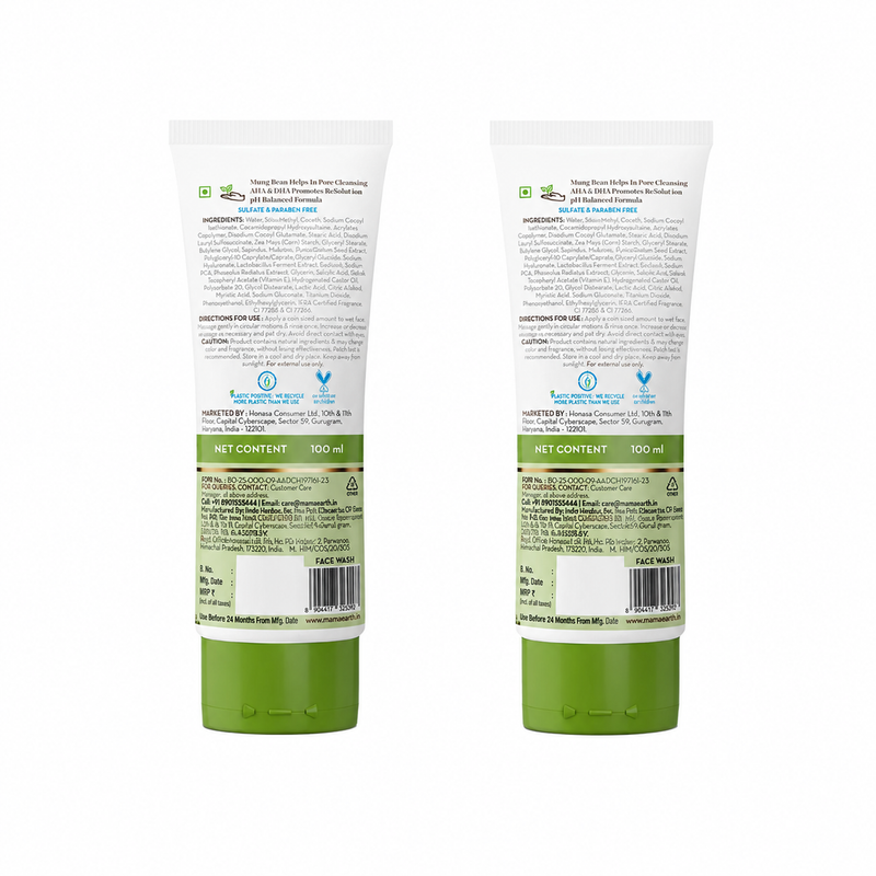 Mung Bean Pore Cleansing Face Wash with Mung Bean, AHA & BHA for Normal to Oily Skin - 100 ml (Pack of 2)