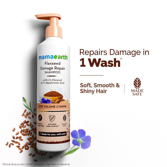 Mamaearth flaxseed shampoo repairs damage in one wash