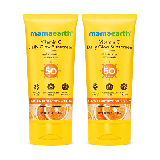 Mamaearth Vitamin C Daily Glow Sunscreen SPF 50 PA++++ – In-Vivo Tested (ISO 24444:2019 Certified, CTRI/2025/05/087276) - 80 g (Pack of 2)