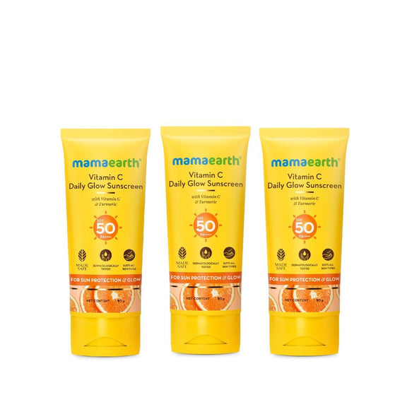 Mamaearth Vitamin C Daily Glow Sunscreen SPF 50 PA++++ – In-Vivo Tested (ISO 24444:2019 Certified, CTRI/2025/05/087276) - 80 g (Pack of 3)
