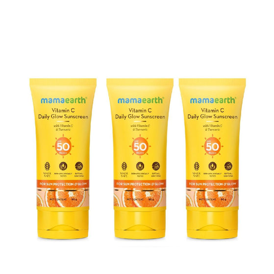 Mamaearth Vitamin C Daily Glow Sunscreen SPF 50 PA++++ – In-Vivo Tested (ISO 24444:2019 Certified, CTRI/2025/05/087276) - 50 g - Pack of 3