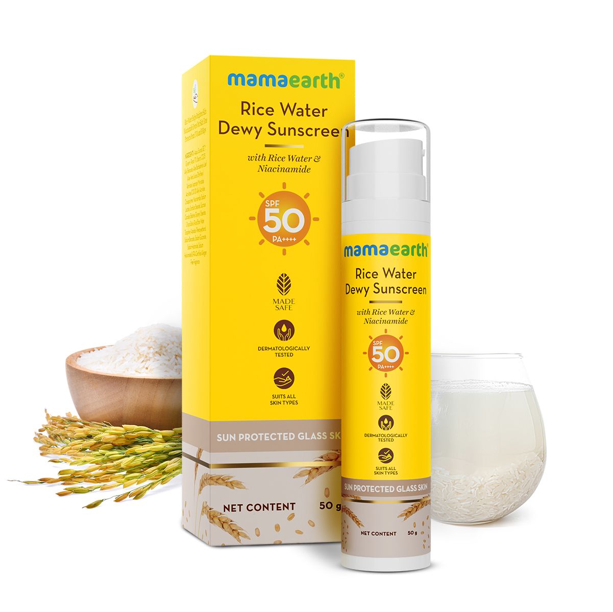 Mamaearth Rice Dewy Bright Sunscreen with Rice Water and Niacinamide for Glass Skin, 100 ml